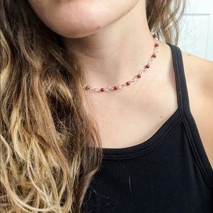 Red Bead Satellite Necklace, Sterling Silver Color